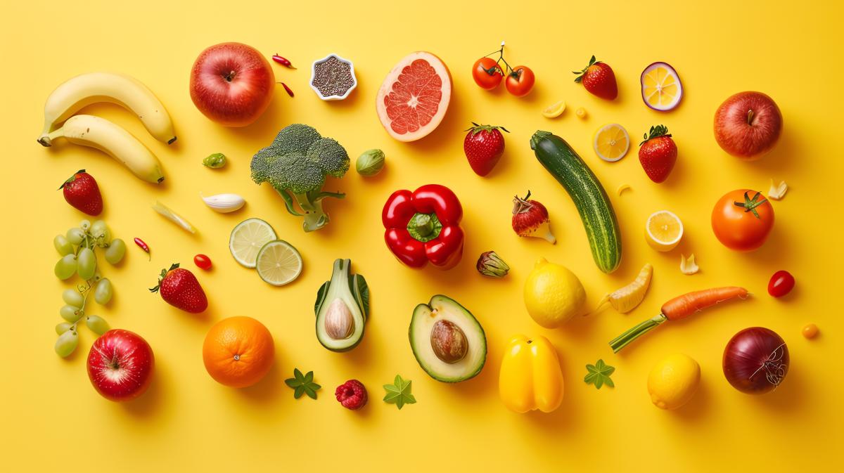 A flat lay of a variety of fresh fruits and vegetables against a yellow background.