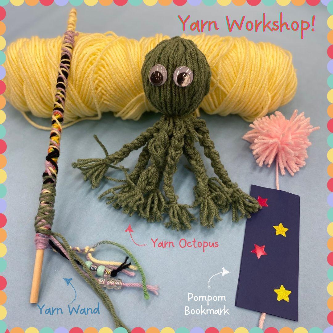 picture of yarn wand, yarn octopus, and pompom bookmark 