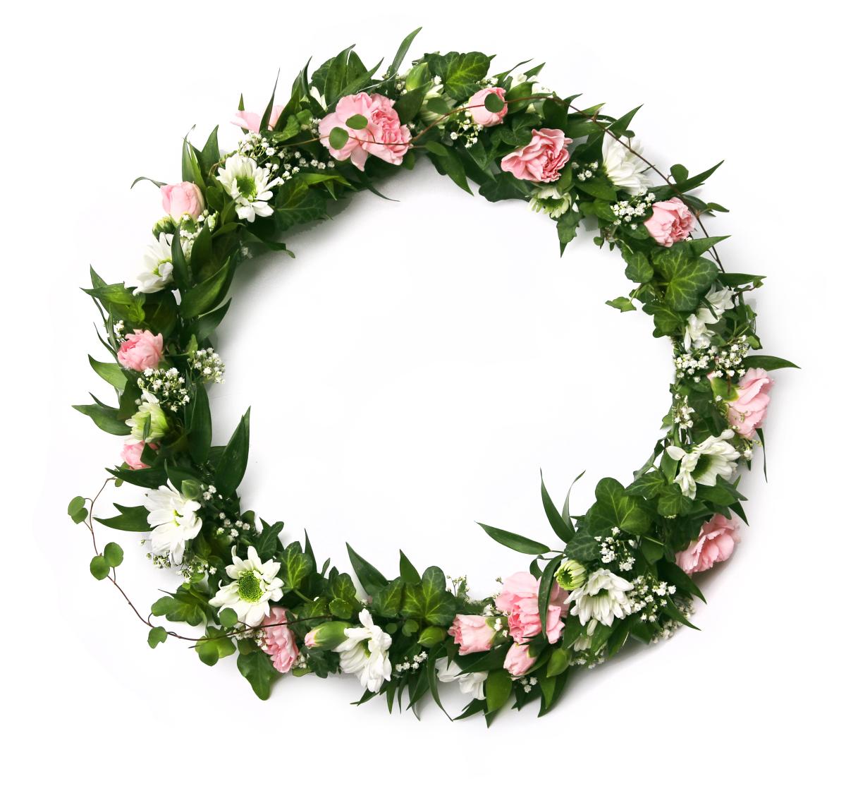 image of a decorative wreath made with flowers and greenery