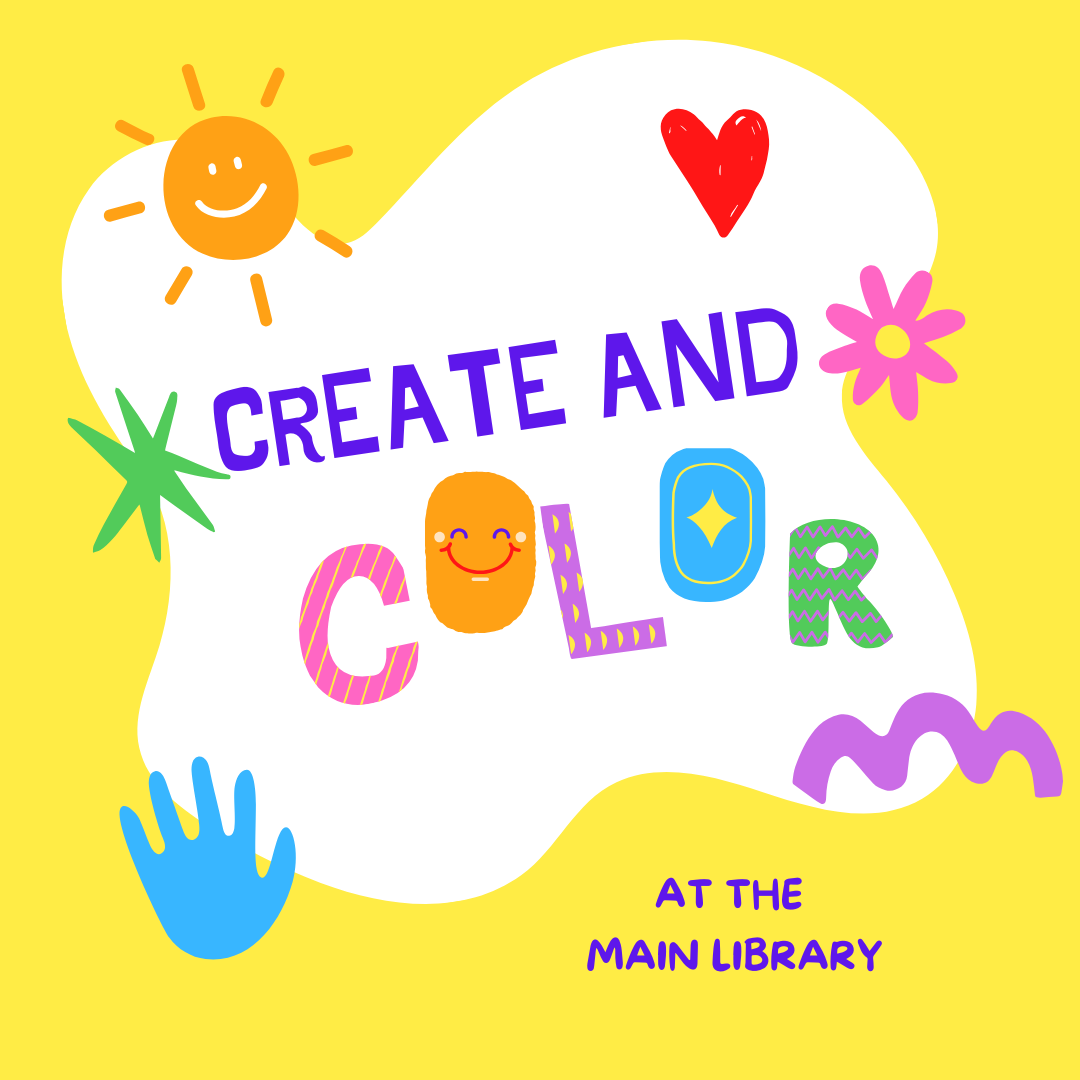 yellow background, with multicolored doodles and the words create and color.