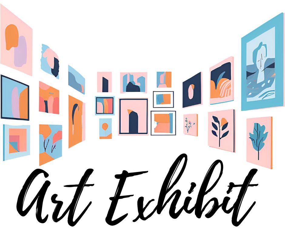 Art Exhibit words with a room showing multiple framed art hanging on the wallson the wall