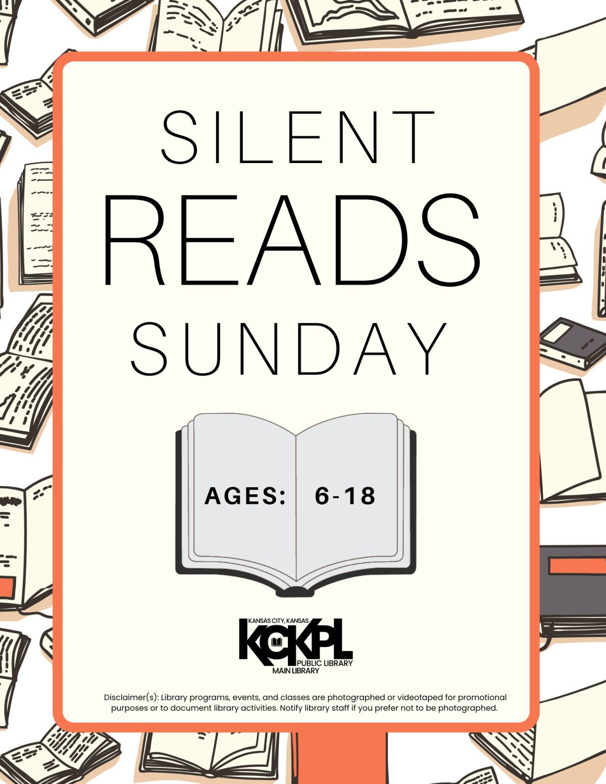 Flyer for Silent Reads Sunday. Ages 6-18