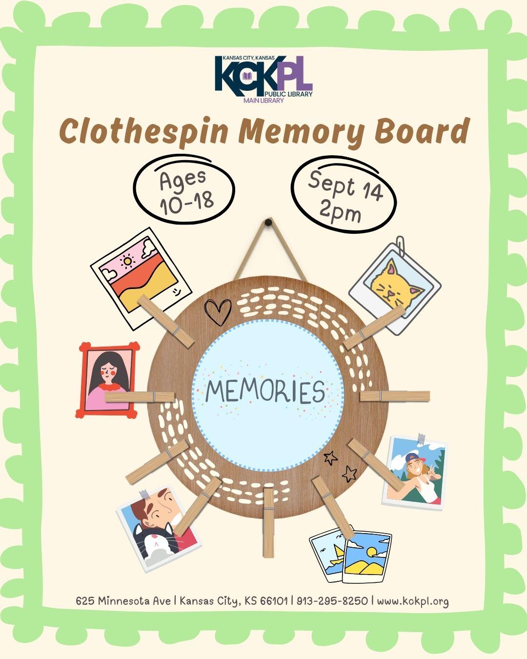Clothespin Memory board circle with clothespins and photos attached