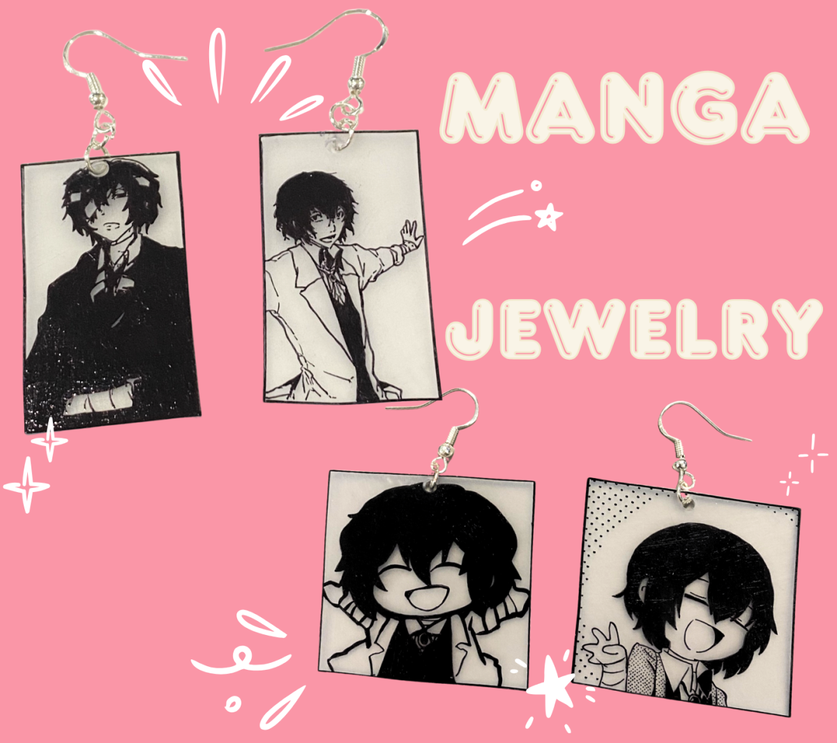 Image featuring two pairs of handmade shrinky dink earrings with manga characters drawn on them