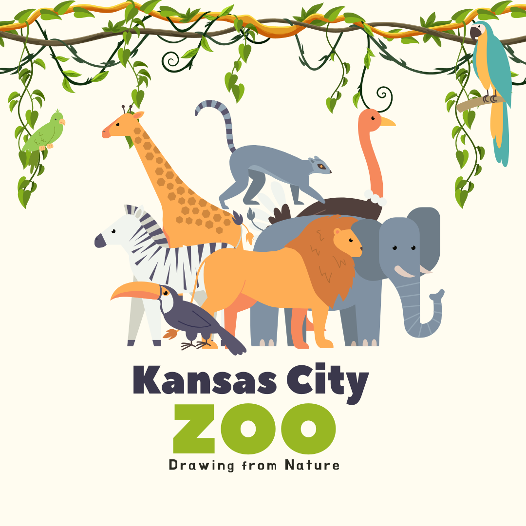 Zoo animals with vines and the words: Kansas City Zoo: Drawing from Nature