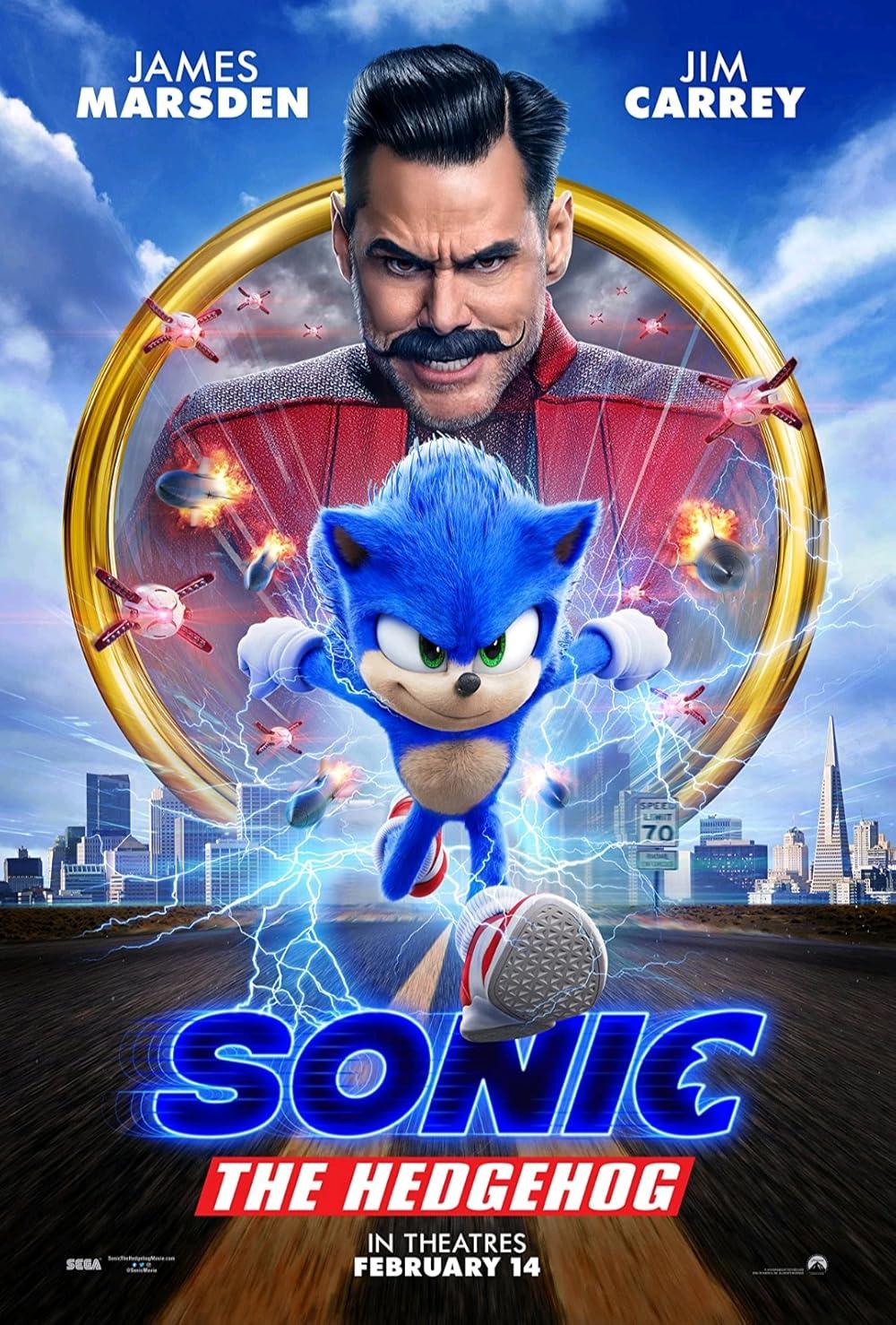 Movie poster for sonic the hedgehog with sonic running in the front and Dr. Robotnik behind him.