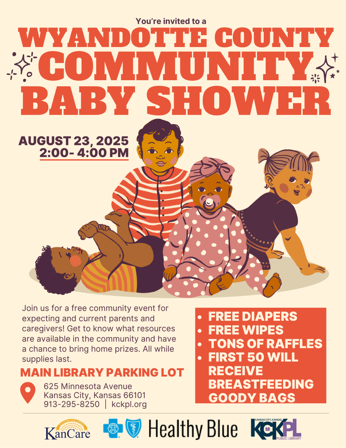 flyer containing the same information listed in the text and picture four cartoon babies.