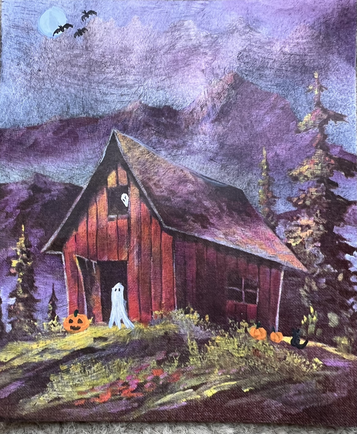 landscape with barn, ghosts, & pumpkins