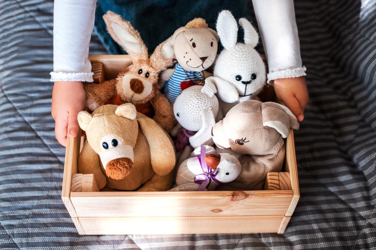 box, held by child, filled with variety of stuffed animals