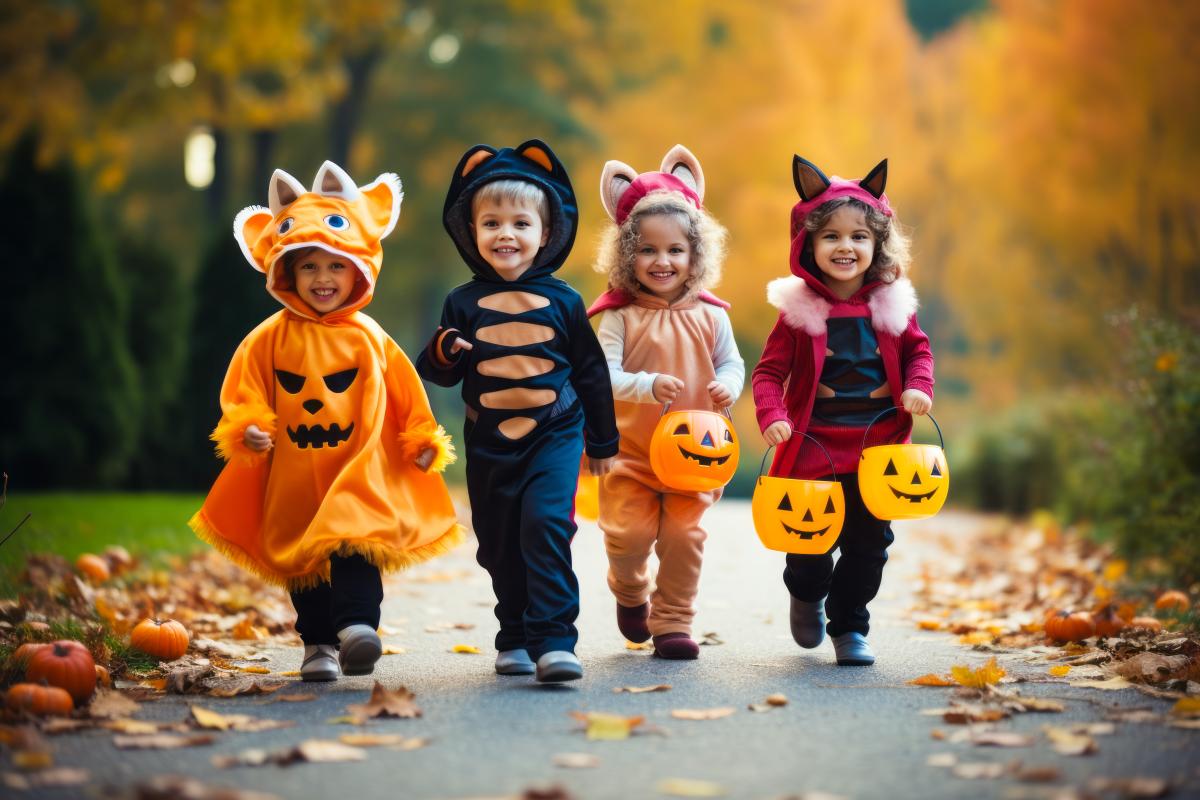 4 preschool aged children holding pumpkins walking along a sidewalk with fallen leaves on the side.