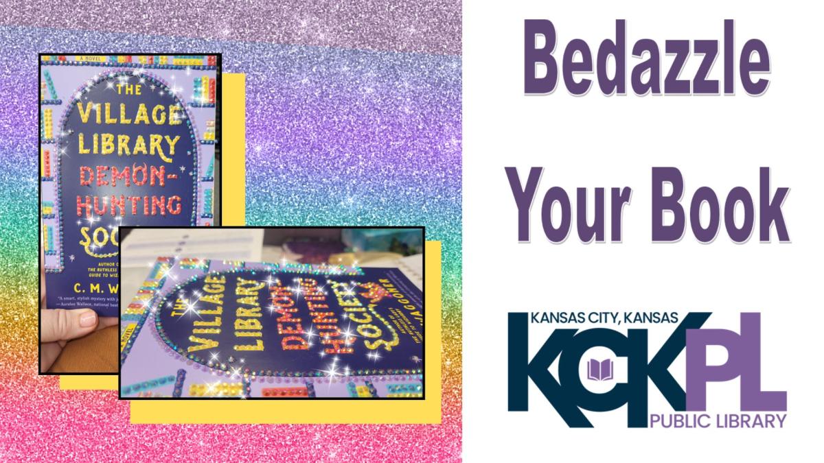 Bedazzled books on a rainbow background