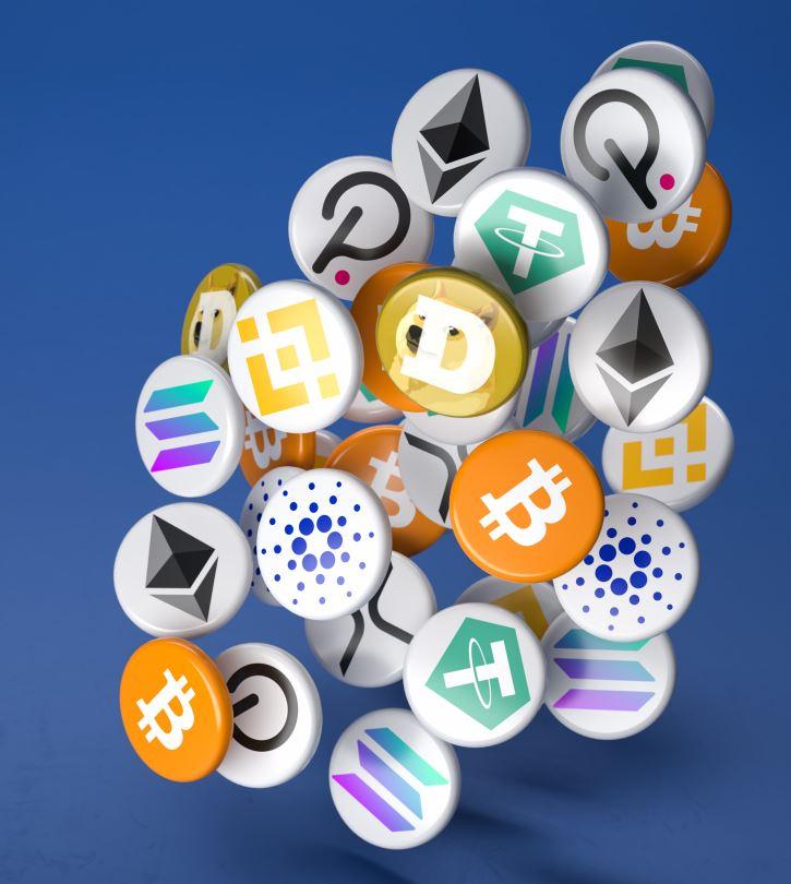 Cryptocurrency symbols on a blue background