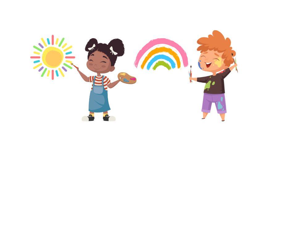 A girl paints a sun a boy paints a rainbow