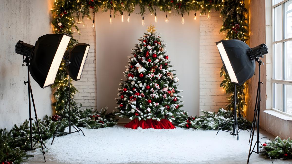 Photo studio with Christmas tree background and black spotlights