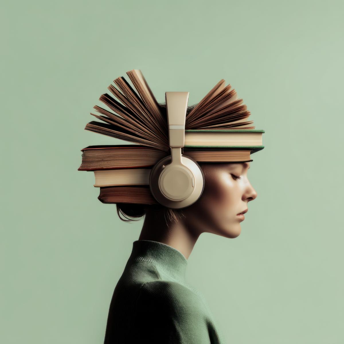 Head made of books listening to headphones