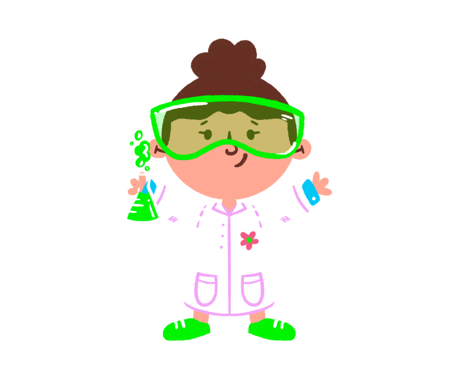 Girl in lab coat and goggles holding a beaker filled with green fluid