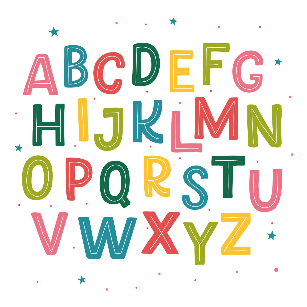 The full English alphabet in an assortment of colors