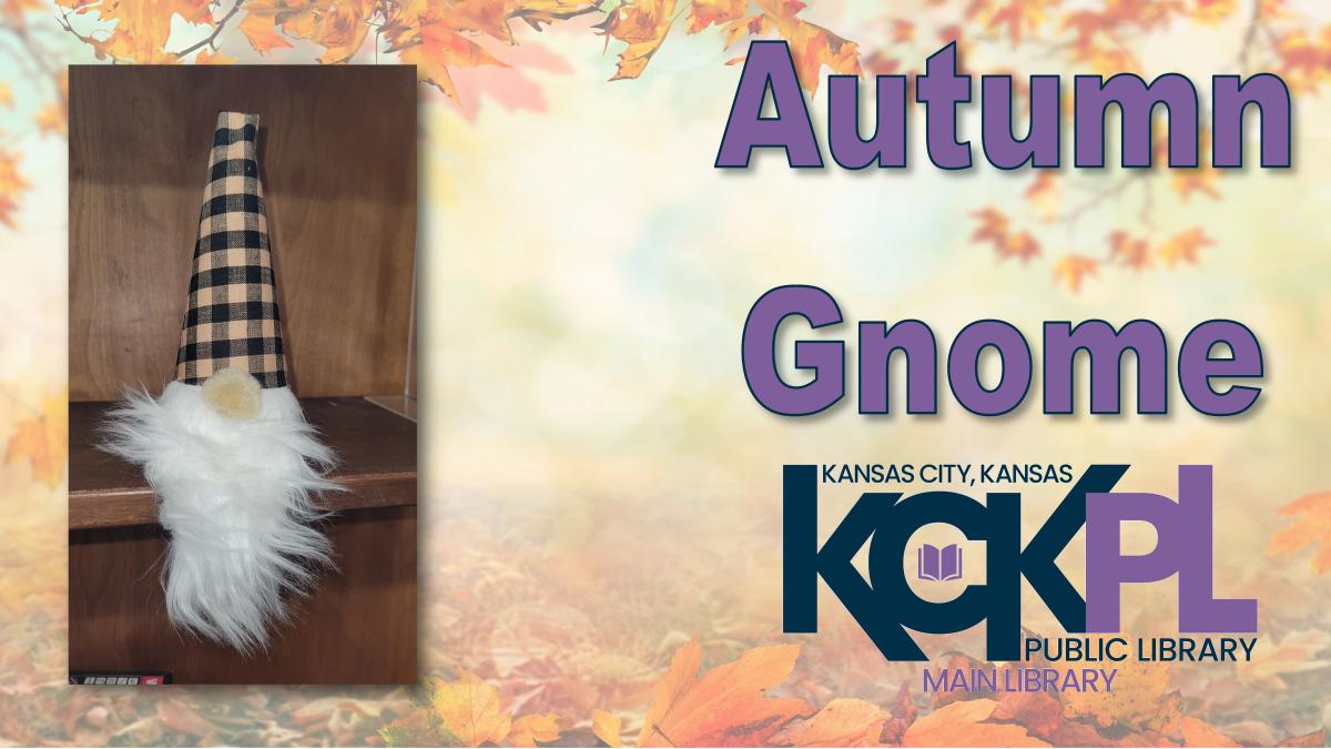 Autumn gnome on a wooden shelf over an autumn leaf background with the library logo