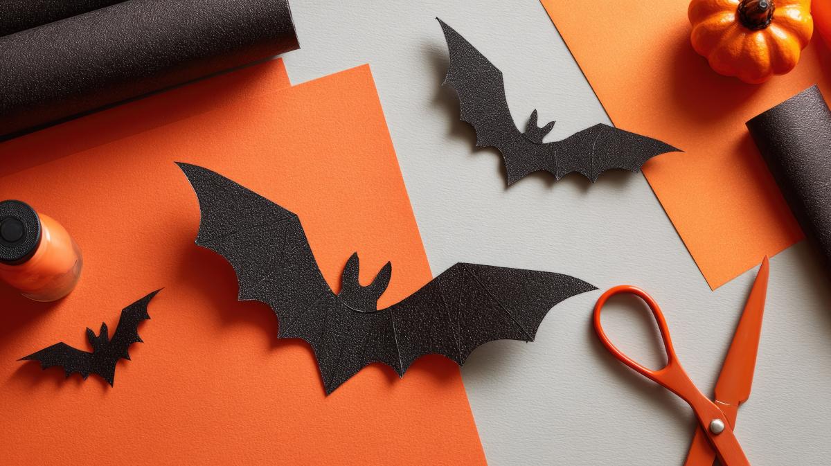 paper cutouts of Halloween bat shapes on a desk.