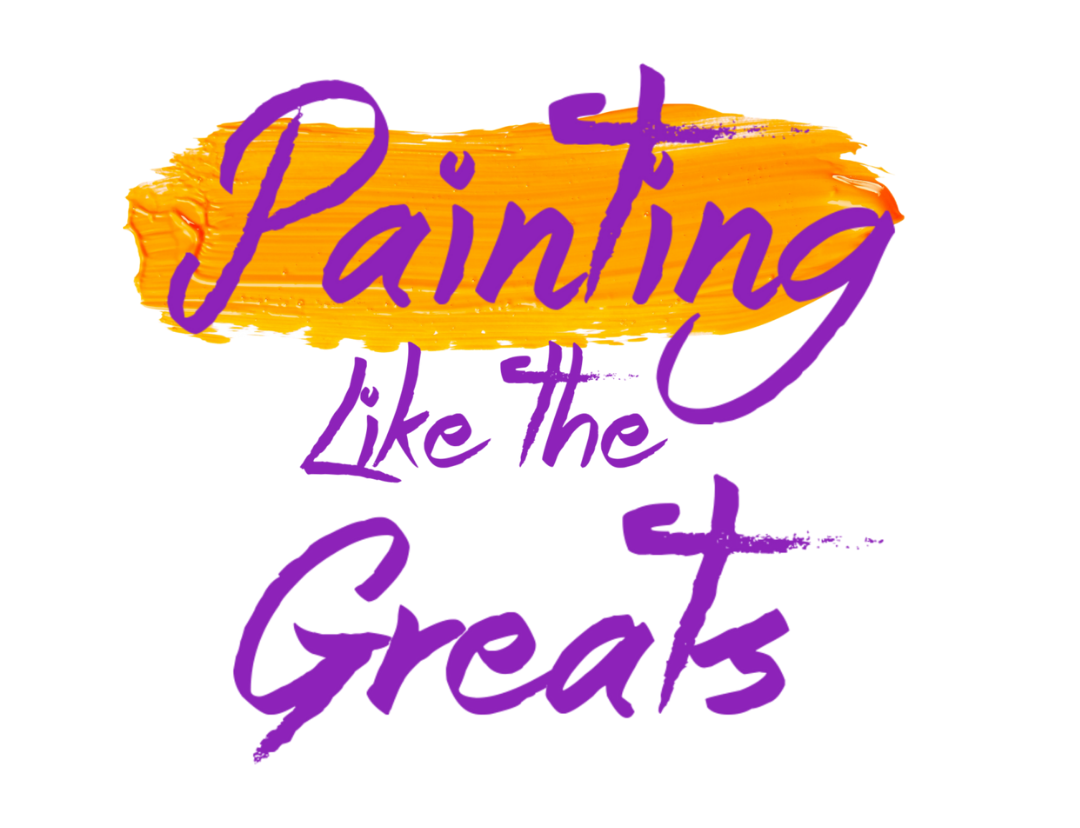purple text on white background with orange paint streak that reads Painting like the greats
