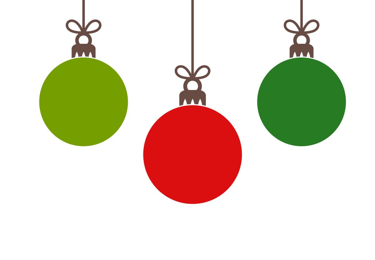 Three ornaments hanging down, a red one in the middle and two green on either side of it. 