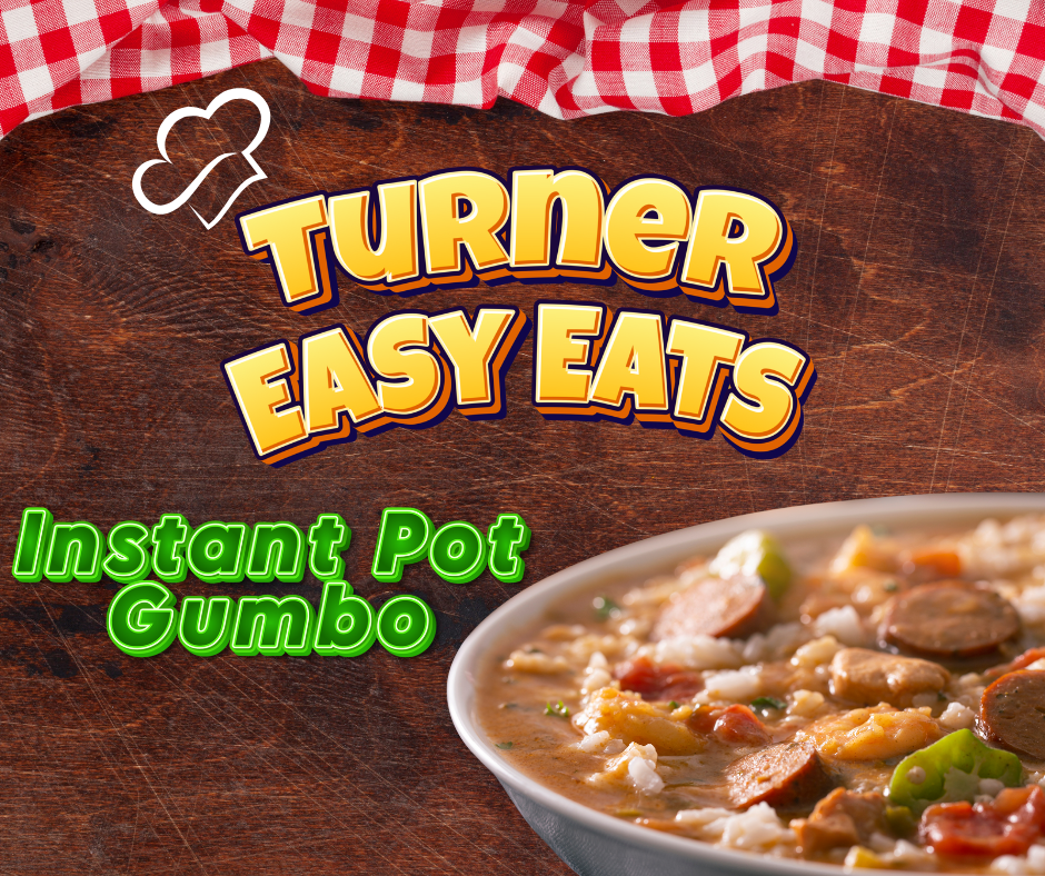 A bowl of gumbo is pictured with items such as rice, andouille sausage, chicken, and vegetables. 