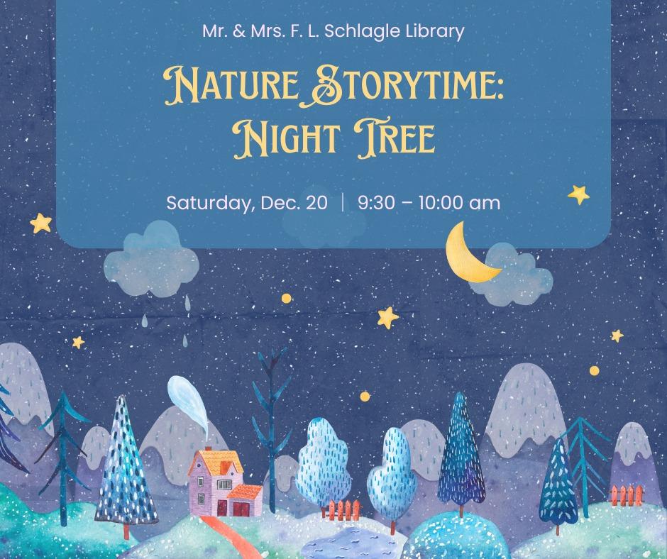 graphic for nature storytime with illustrated night-time nature scene