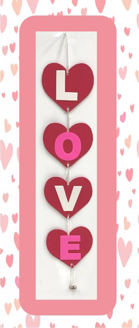 Four red hearts hanging vertically spelling the word L-O-V-E.