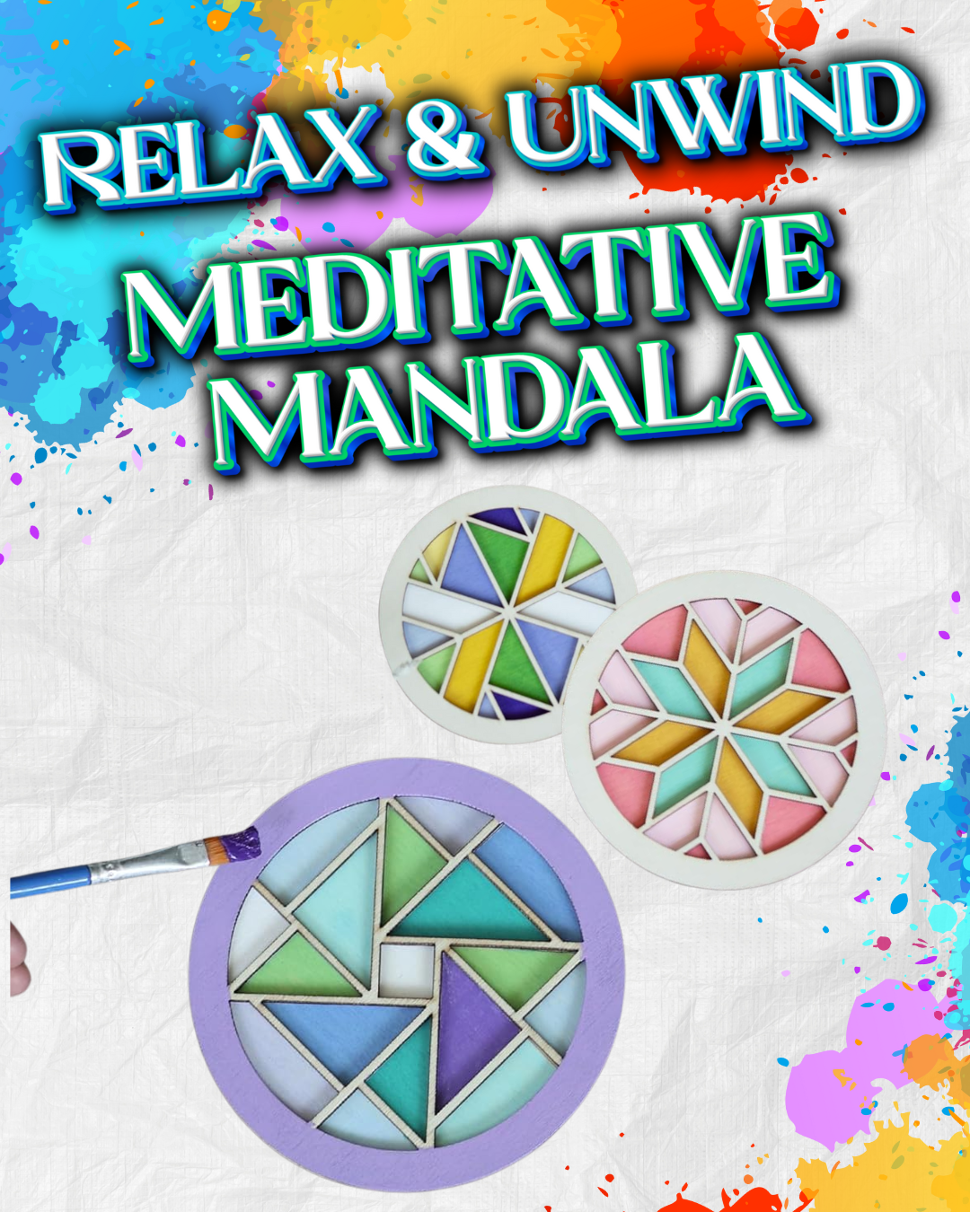 A picture of a wooden meditative mandala that is painted different colors.