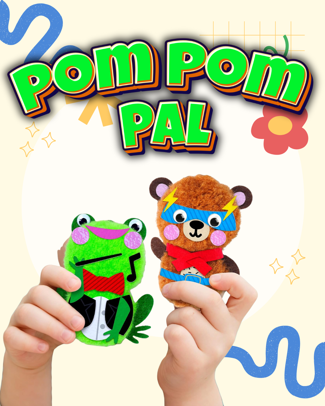 A advertisement showing a frog and bear pom pom pal. 