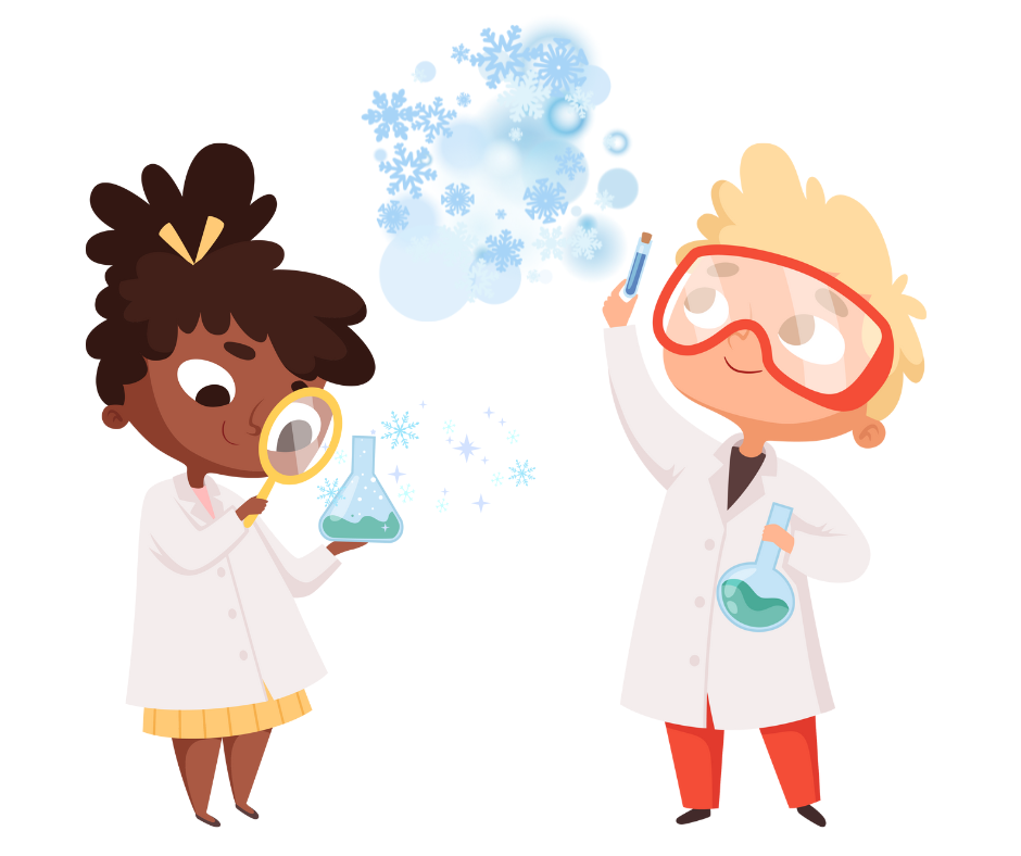 Two children in lab coats hold beakers 