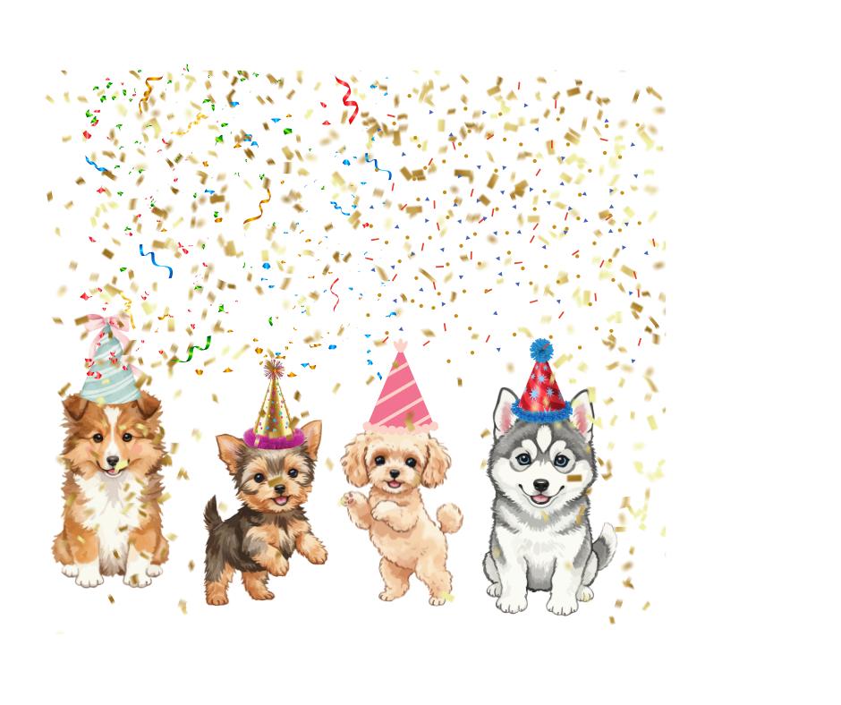 Puppies in party hats with confetti