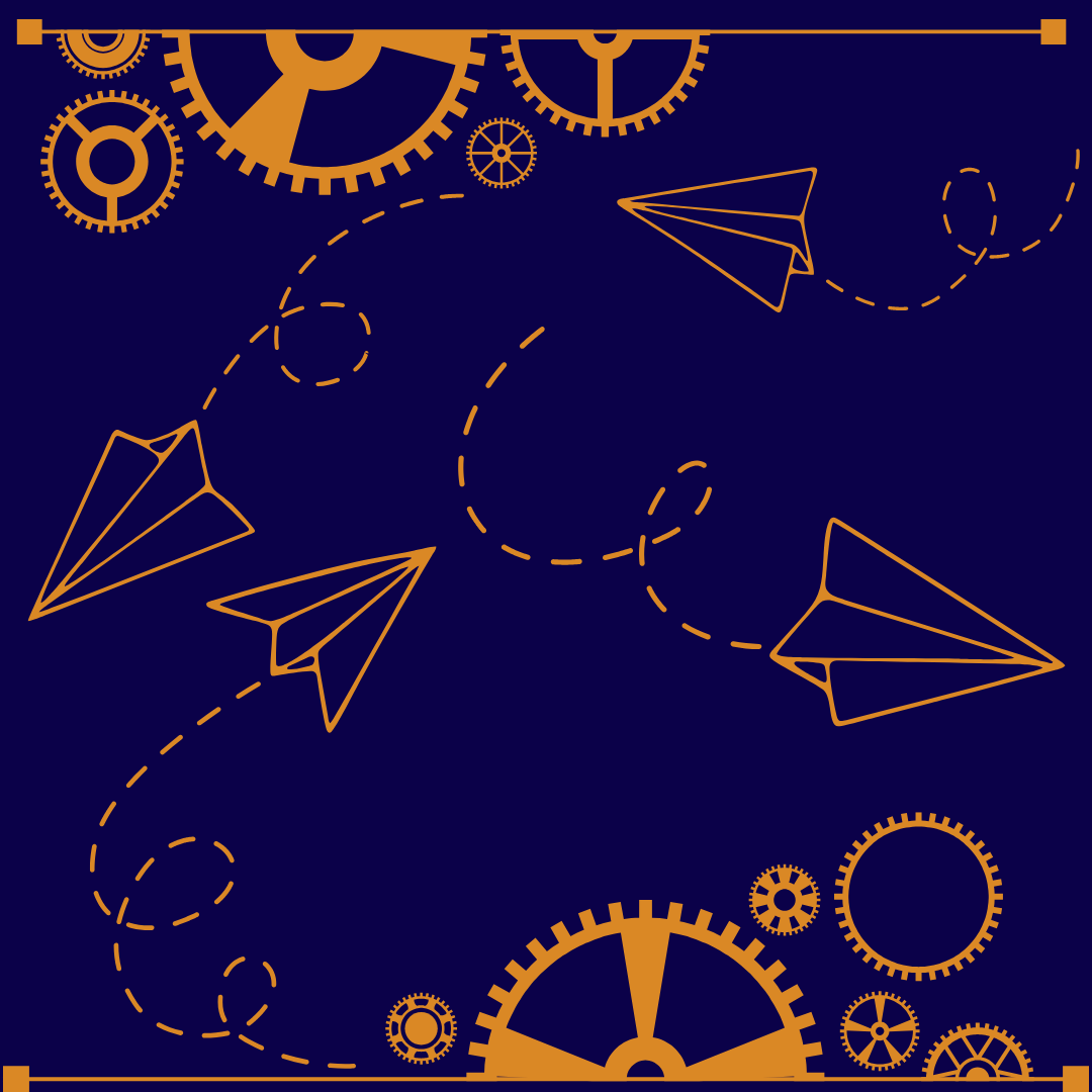 dark blue background with orange paper airplanes and gears.