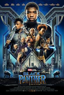 The cast of Black Panther surrounded by the city Birnin Zana below them.