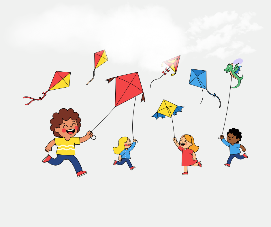 children fly kites amongst clouds