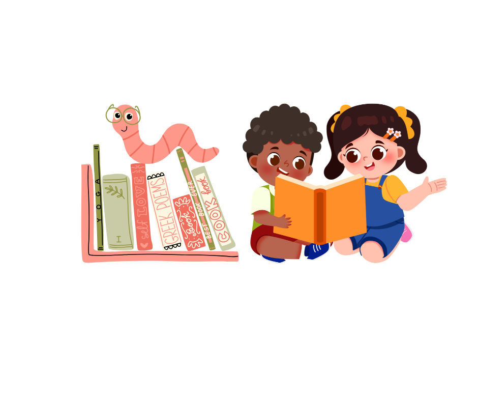 Book worm sitting on books and two children reading a book