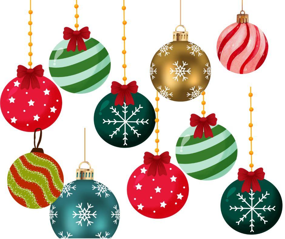 various red, green, gold and other patterned christmas ornaments