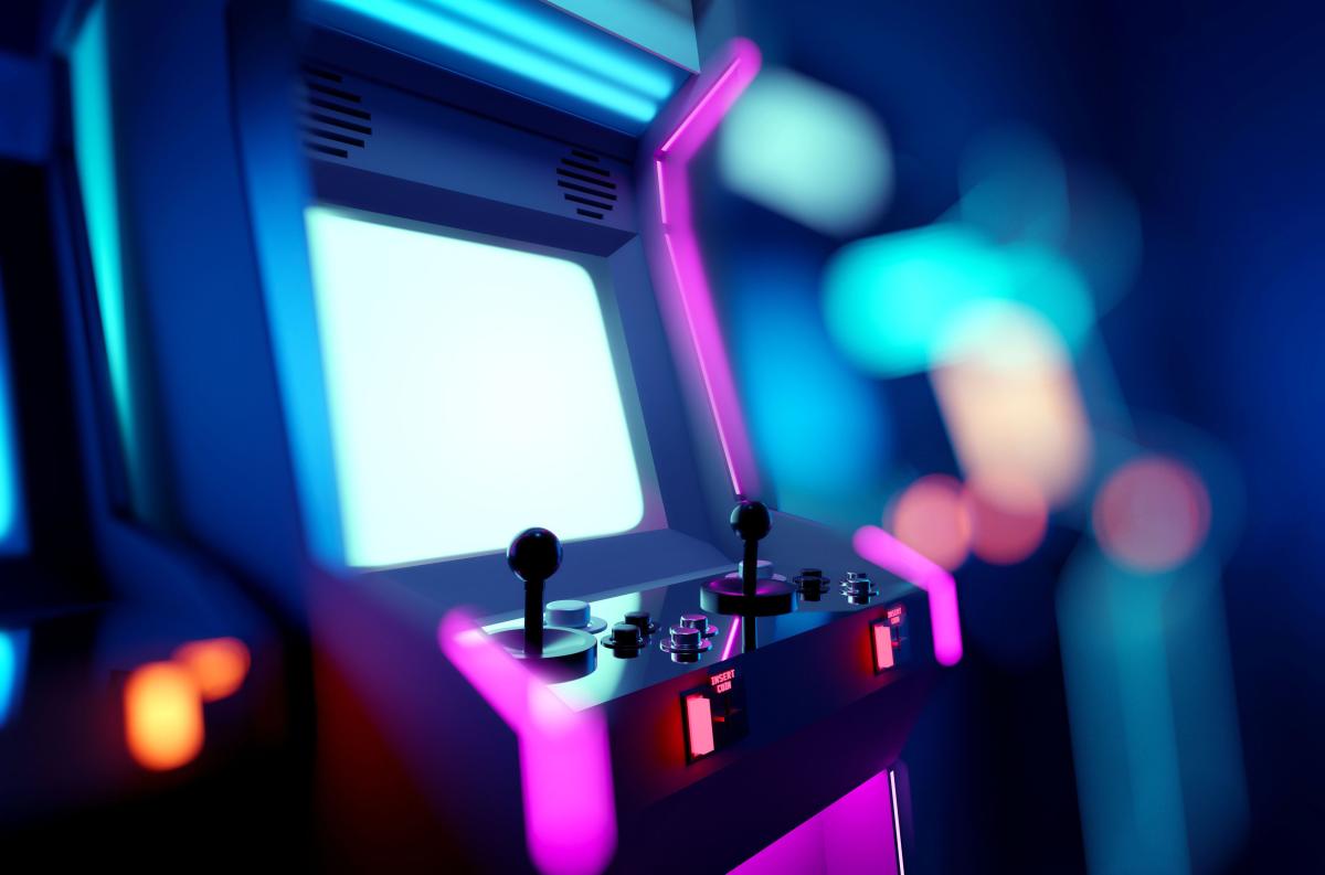 Retro neon glowing arcade machine in a game room