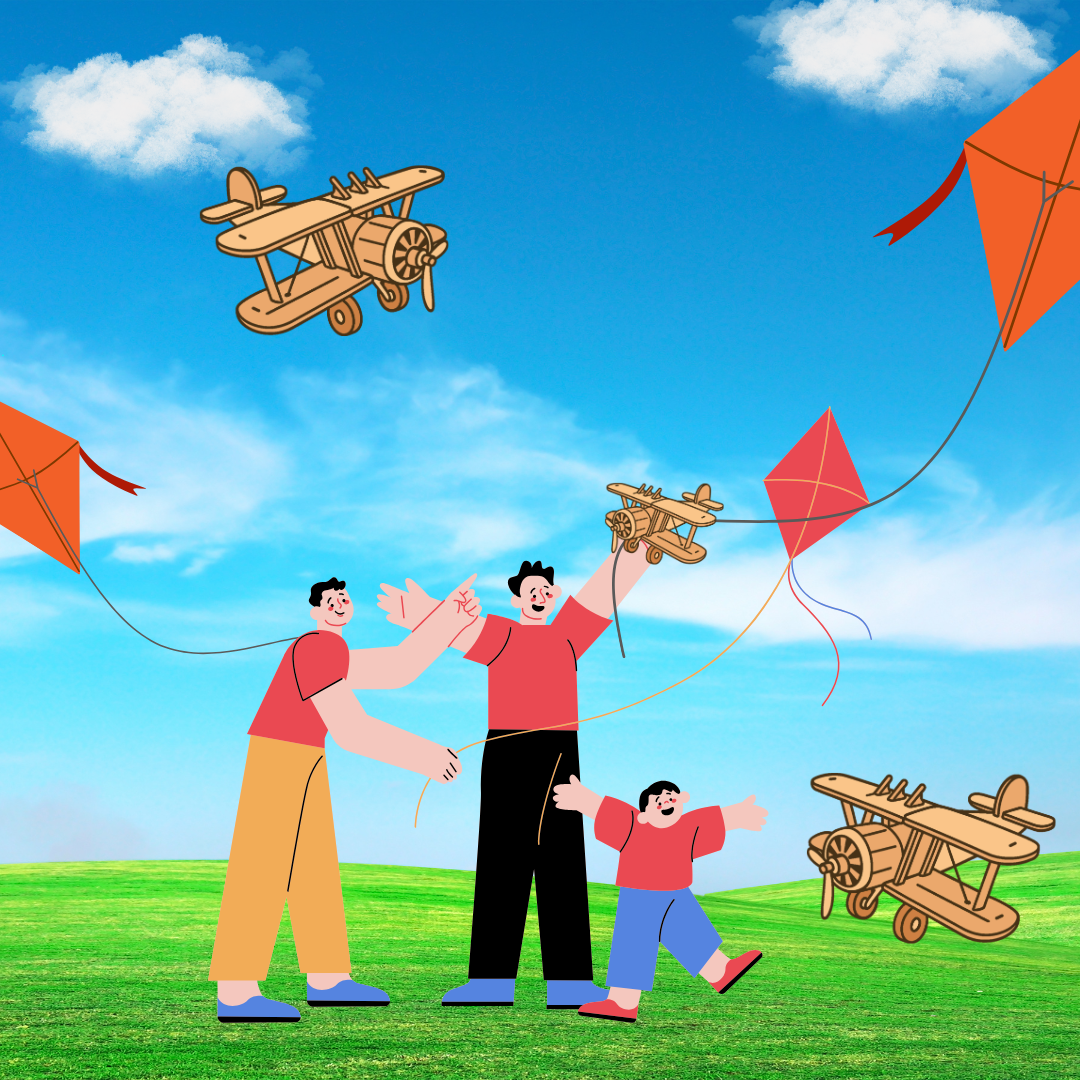 three cartoon people on a kill flying kites and wooden planes