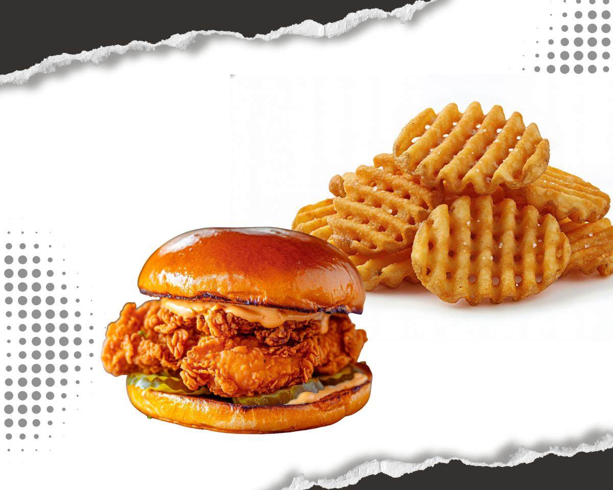 A graphic showing a fried chicken sandwich with waffle fries. 