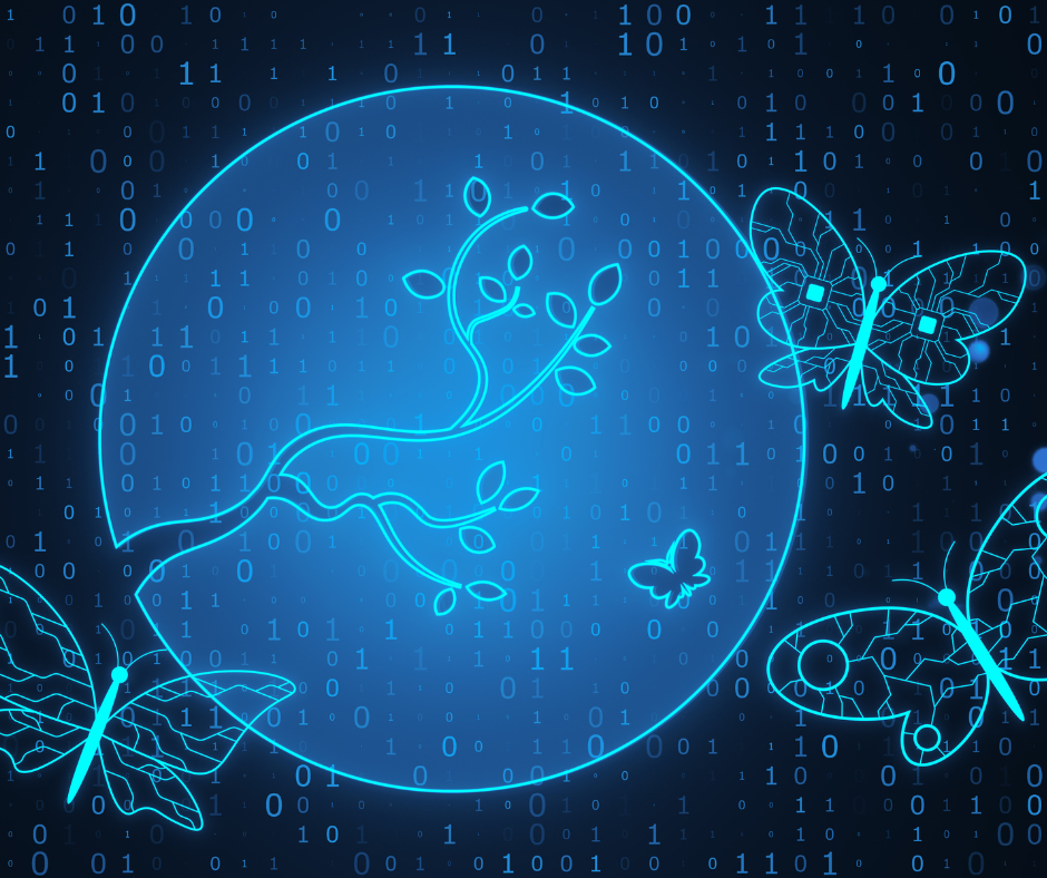 digital drawing of teal butterflies and a plant, on a black background with binary code.