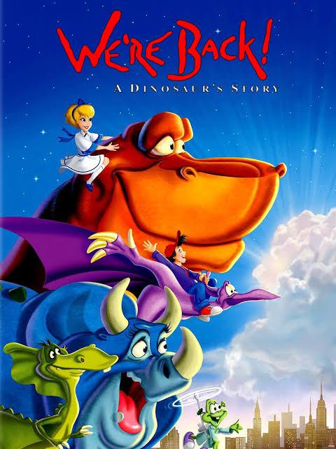 group of dinosaurs against a blue sky with a modern girl riding the t-rex