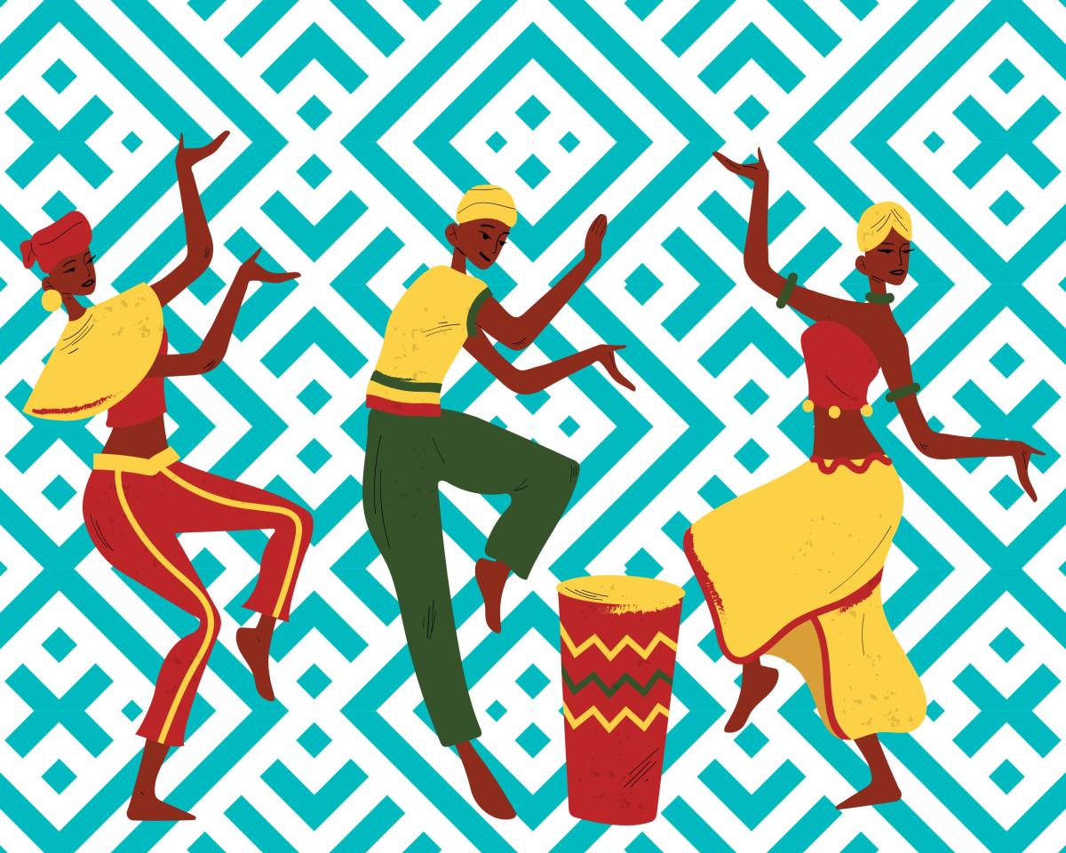 A patterned background show African dancers moving around a drum. 