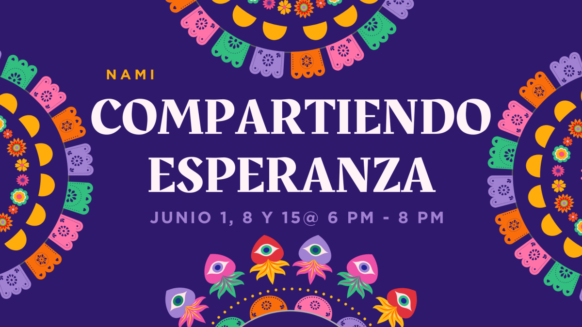 Foto colorida base morada com papel picado que dice: Compartiendo Esperanza: Junio 1,8 y 15 @6-8PM