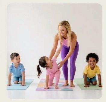 Three children on hands and knees. One adult standing, leaning toward a child. 