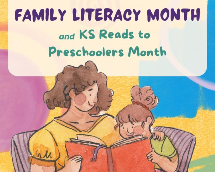 graphic with drawn woman with brown hair and a yellow shirt reading a red book to a young child with brown hair in a green shirt.