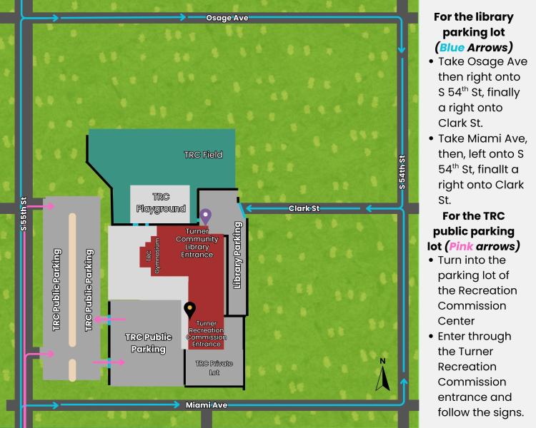 graphic with map of Turner Community Library locations entrances from Clark street or the Turner Rec Center