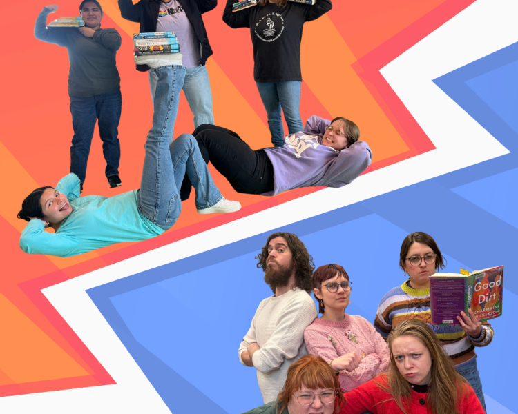 two groups of librarians holding books and looking tough with a graphic background of blues and reds with a white lighting shape between groups